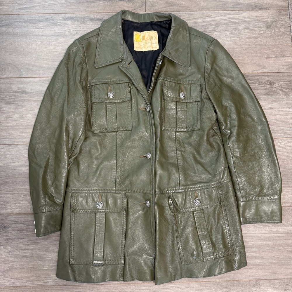 Vintage Hipster Marquise of London Olive Green Leather Jacket Coat